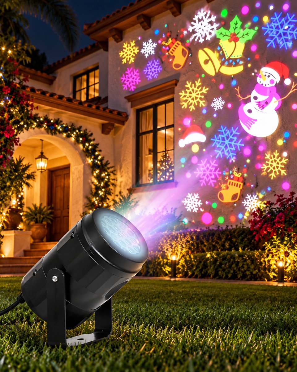 Casa de noche con el proyector navideño