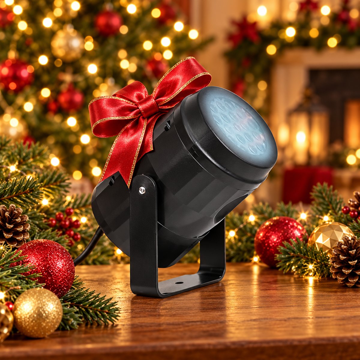 Proyector navideño con moño de regalo