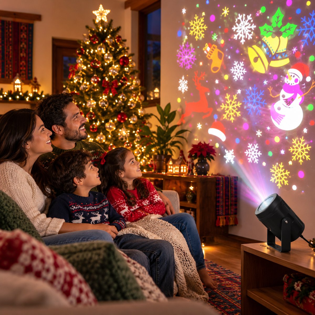 Familia disfrutando la proyección navideña