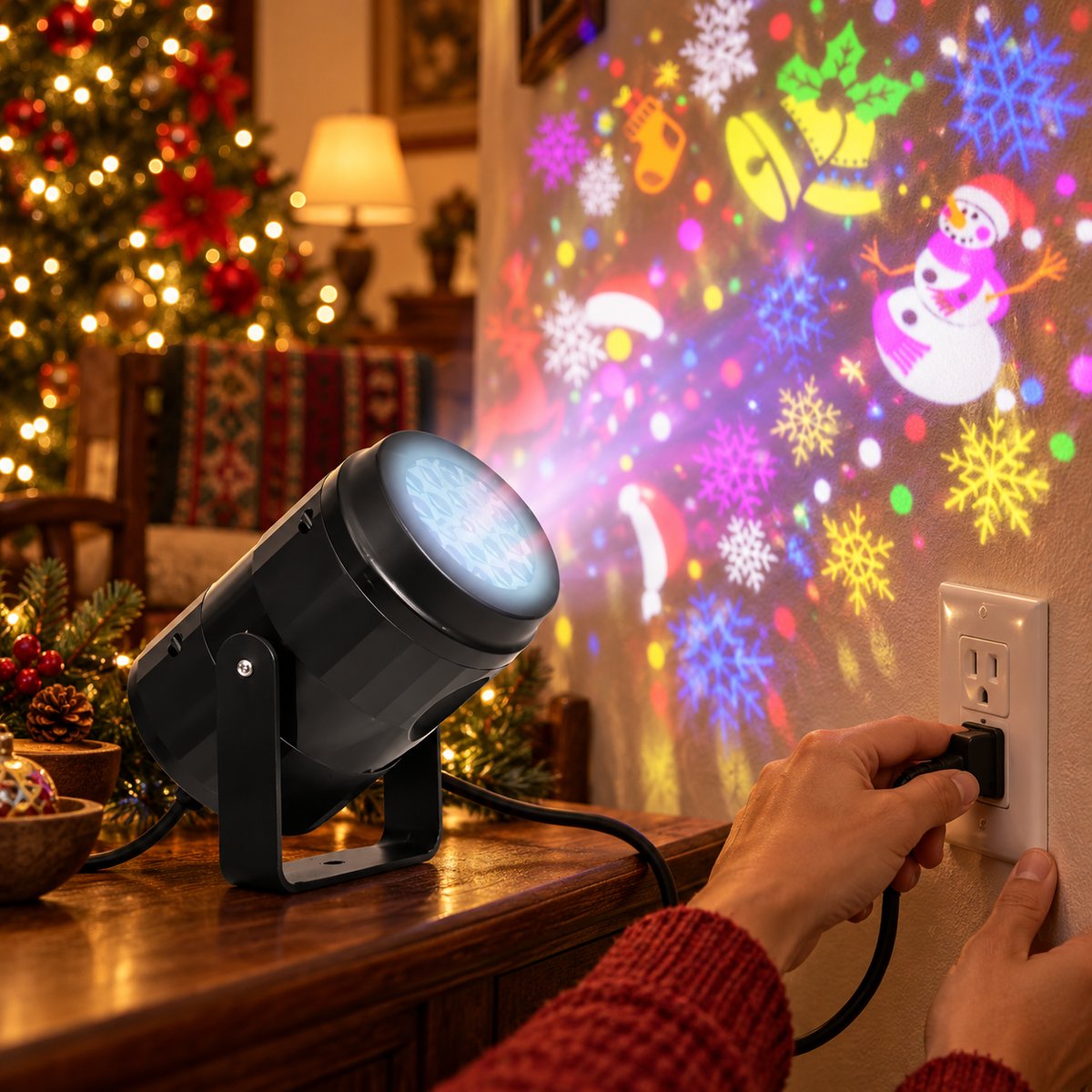 Conectando el proyector navideño al enchufe
